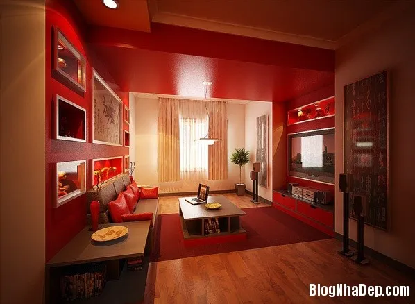 Phòng khách màu đỏ đầy đam mê