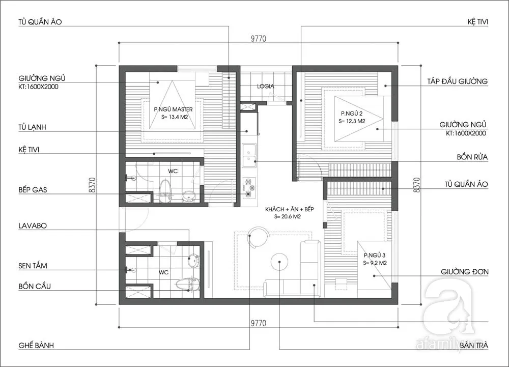 Với diện tích 77m² mà căn hộ có 3 phòng ngủ mà vẫn thoáng